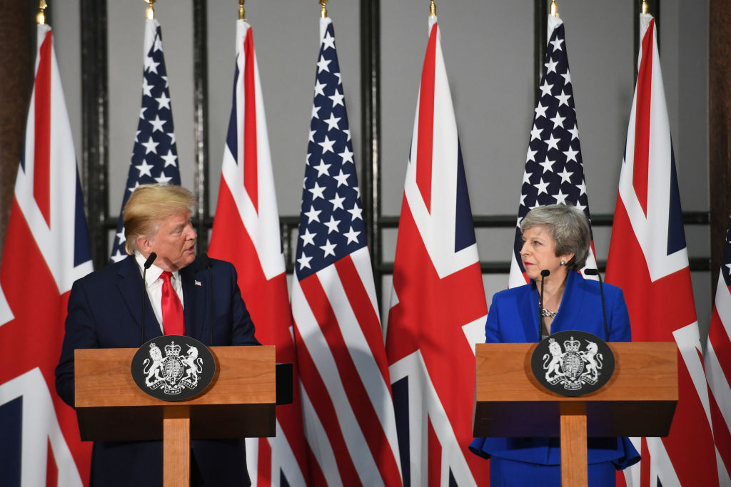 US President Donald Trump (L) speaks as Britain's Prime Minister Theresa May (R) listens during a joint press conference at the Foreign and Commonwealth Office (FCO) in central London on June 4, 2019, on the second day of the US president's three-day State Visit to the UK. - US President Donald Trump turns from pomp and ceremony to politics and business on Tuesday as he meets Prime Minister Theresa May on the second day of a state visit expected to be accompanied by mass protests. (Photo by Stefan Rousseau / POOL / AFP)        (Photo credit should read STEFAN ROUSSEAU/AFP/Getty Images)