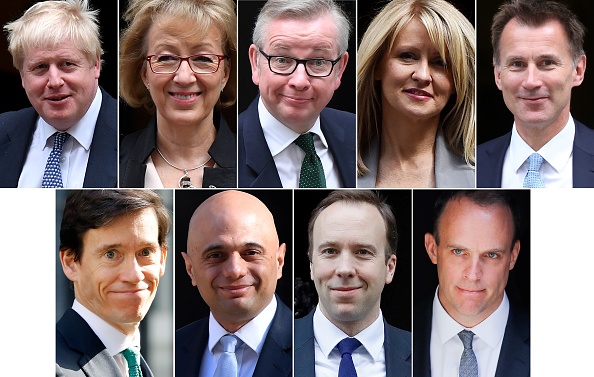 A combination of pictures created in London on June 10, 2019 shows 9 of the 10 declared contenders the Conservative Party leadership contest: (top L-R) Conservativer MP Boris Johson, Conservative MP Andrea Leadsom, Britain's Environment, Food and Rural Affairs Secretary Michael Gove, Conservative MP Esther McVey, Britain's Foreign Secretary Jeremy Hunt, (bottom L-R) Britain's International Development Secretary Rory Stewart, Britain's Home Secretary Sajid Javid, Britain's Health and Social Care Secretary Matt Hancock and  Conservative MP Dominic Raab. - Ten British Conservative MPs were formally announced Monday as having thrown their hats into the ring in the fight to replace Theresa May as party leader and Prime Minister, with her former foreign secretary Boris Johnson seen as the runaway favourite. The nominees are: Andrea Leadsom, Esther McVey, Boris Johnson, Dominic Raab, Sajid Javid, Michael Gove, Jeremy Hunt, Mark Harper, Rory Stewart and Matt Hancock. (Photo by STF / AFP)        (Photo credit should read STF/AFP/Getty Images)