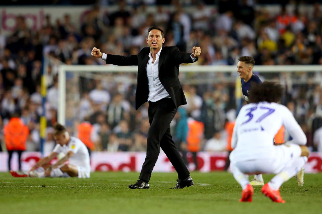 LEEDS, ENGLAND - MAY 15: Frank Lampard, Manager of Derby County celebrates victory following the Sky Bet Championship Play-off semi final second leg match between Leeds United and Derby County at Elland Road on May 15, 2019 in Leeds, England. (Photo by Alex Livesey/Getty Images)