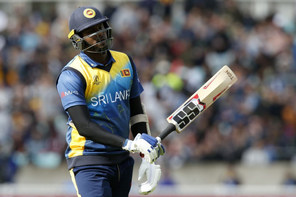Sri Lanka's Angelo Mathews leaves the crease as he loses his wicket for nine during the 2019 Cricket World Cup group stage match between Sri Lanka and Australia at The Oval in London on June 15, 2019. (Photo by Ian KINGTON / AFP) / RESTRICTED TO EDITORIAL USE (Photo credit should read IAN KINGTON/AFP/Getty Images)