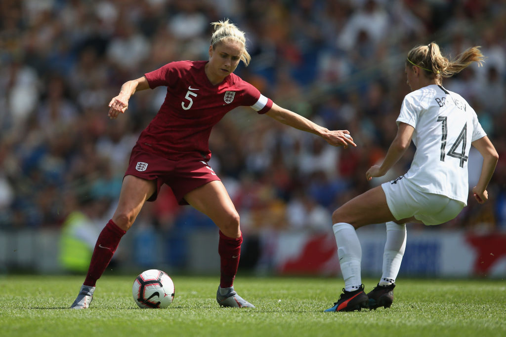 BRIGHTON, ENGLAND - JUNE 01: Steph Houghton of England Women takes on Katie Bowen of New Zealand Women battle for the ball during the International Friendly between England Women and New Zealand Women at Amex Stadium on June 01, 2019 in Brighton, England. (Photo by Steve Bardens/Getty Images)