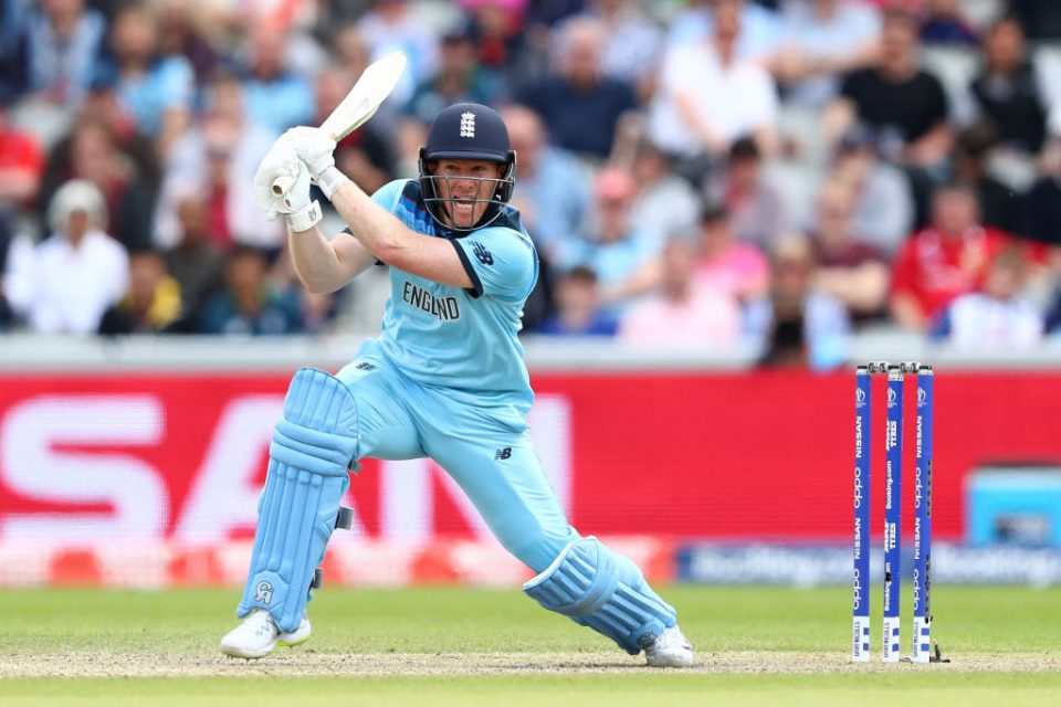 MANCHESTER, ENGLAND - JUNE 18:  Eoin Morgan of England hits through the offside during the Group Stage match of the ICC Cricket World Cup 2019 between England and Afghanistan at Old Trafford on June 18, 2019 in Manchester, England. (Photo by Michael Steele/Getty Images)