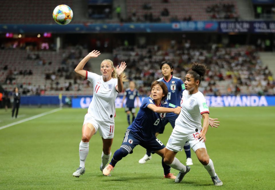 NICE, FRANCE - JUNE 19: Demi Stokes of England is challenged by Mana Iwabuchi of Japan during the 2019 FIFA Women's World Cup France group D match between Japan and England at Stade de Nice on June 19, 2019 in Nice, France. (Photo by Elsa/Getty Images)