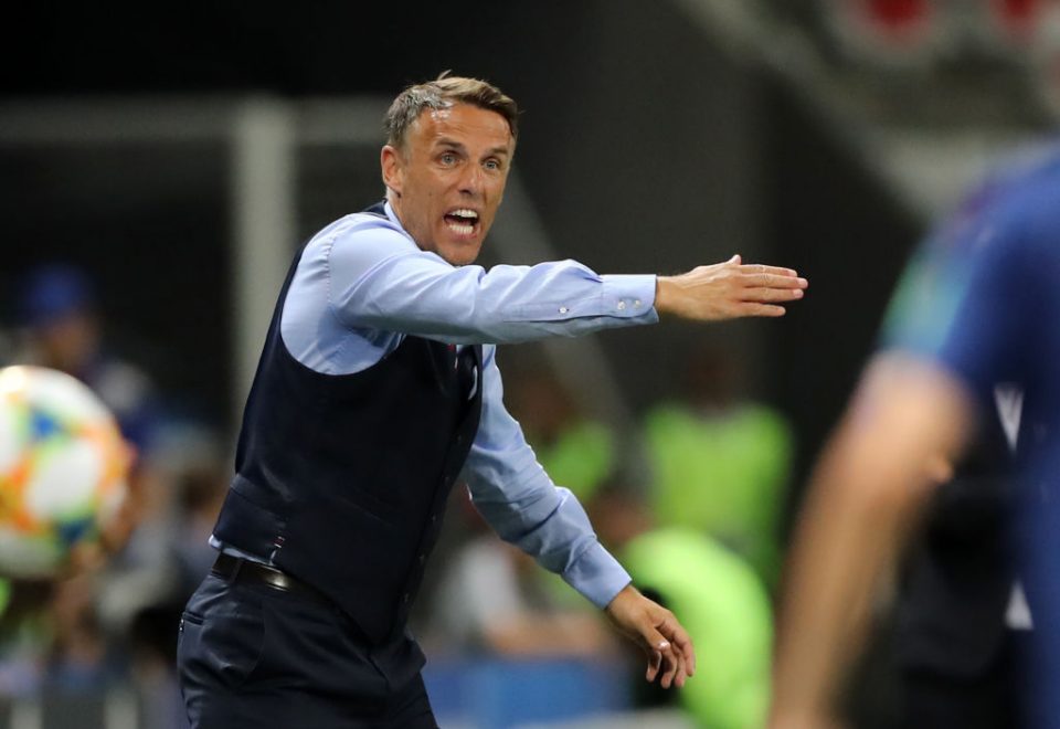 NICE, FRANCE - JUNE 19: Philip Neville, Head Coach of England gives his team instructions during the 2019 FIFA Women's World Cup France group D match between Japan and England at Stade de Nice on June 19, 2019 in Nice, France. (Photo by Elsa/Getty Images)