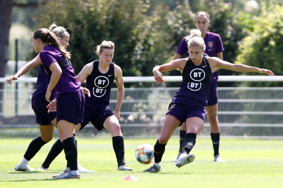 TOUQUES, FRANCE - JUNE 26: Steph Houghton in action during an England training session at Parc des Loisirs during the FIFA Women's World Cup France 2019 on June 26, 2019 in Touques, France. (Photo by Alex Grimm/Getty Images )