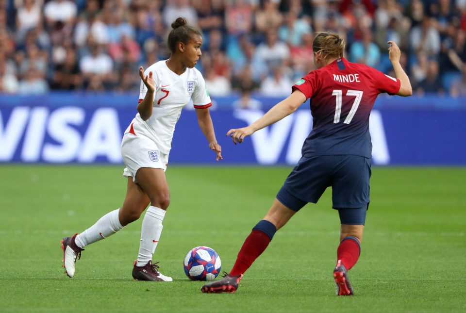 LE HAVRE, FRANCE - JUNE 27:  Nikita Parris of England takes on Kristine Minde of Norway during the 2019 FIFA Women's World Cup France Quarter Final match between Norway and England at Stade Oceane on June 27, 2019 in Le Havre, France. (Photo by Robert Cianflone/Getty Images)