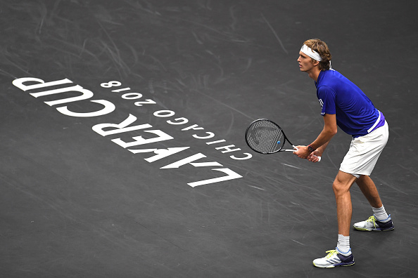 CHICAGO, IL - SEPTEMBER 23: Team Europe Alexander Zverev of Germany looks to return a shot against Team World Kevin Anderson of South Africa during their Men's Singles match on day three of the 2018 Laver Cup at the United Center on September 23, 2018 in Chicago, Illinois. (Photo by Stacy Revere/Getty Images for The Laver Cup)