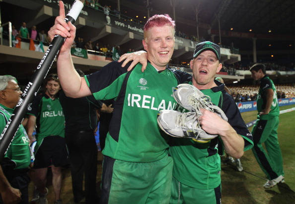 BANGALORE, INDIA - MARCH 02: Kevin O'Brien of Ireland celebrates with Niall O'Brien of Ireland at the end of the match during the 2011 ICC World Cup Group B match between England and Ireland at the M. Chinnaswamy Stadium on March 2, 2011 in Bangalore, India. (Photo by Tom Shaw/Getty Images)