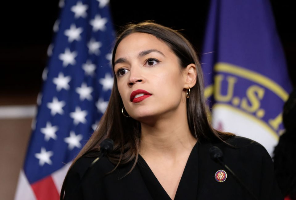 WASHINGTON, DC - JULY 15: U.S. Rep. Alexandria Ocasio-Cortez (D-NY) pauses while speaking during a press conference at the U.S. Capitol on July 15, 2019 in Washington, DC. President Donald Trump stepped up his attacks on four progressive Democratic congresswomen, saying if they're not happy in the United States "they can leave." (Photo by Alex Wroblewski/Getty Images)