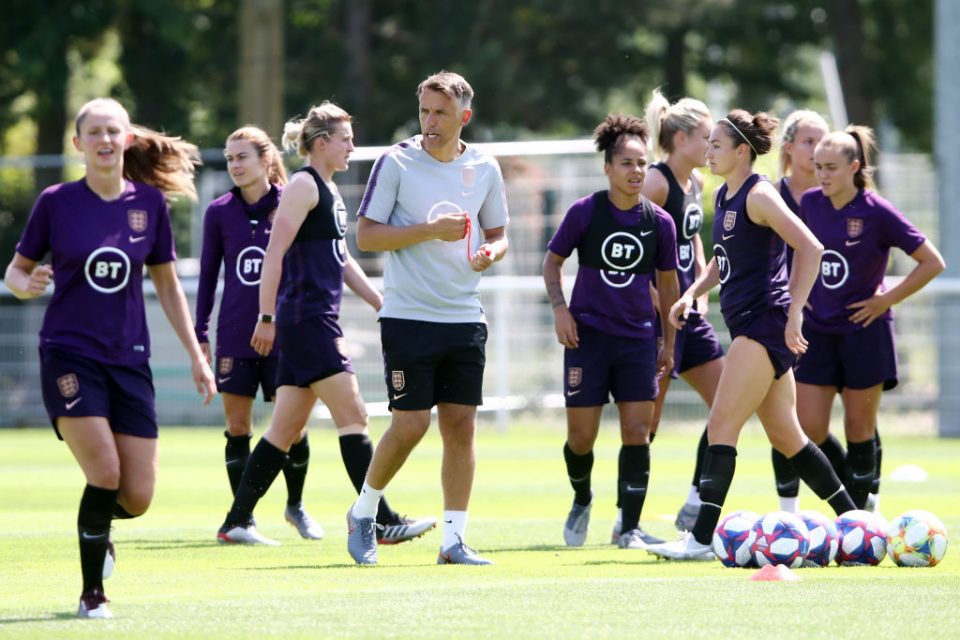 TOUQUES, FRANCE - JUNE 26: Head coach Phil Neville reacts during an England training session at Parc des Loisirs during the FIFA Women's World Cup France 2019 on June 26, 2019 in Touques, France. (Photo by Alex Grimm/Getty Images )