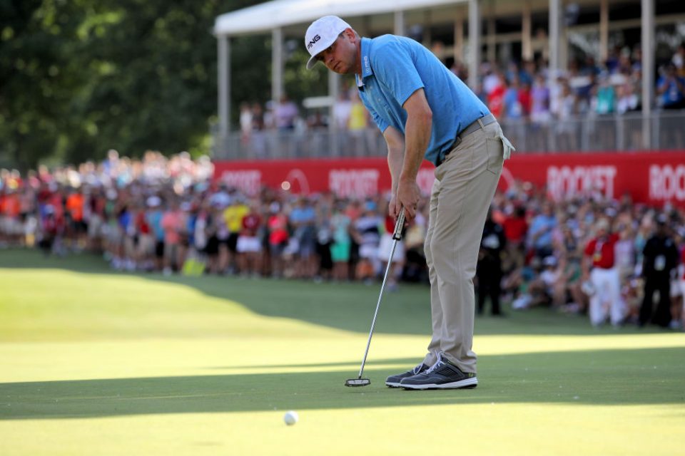 DETROIT, MICHIGAN - JUNE 30:  Nate Lashley putts on the 18th green during the final round of the Rocket Mortgage Classic at the Detroit Country Club on June 30, 2019 in Detroit, Michigan. (Photo by Gregory Shamus/Getty Images)