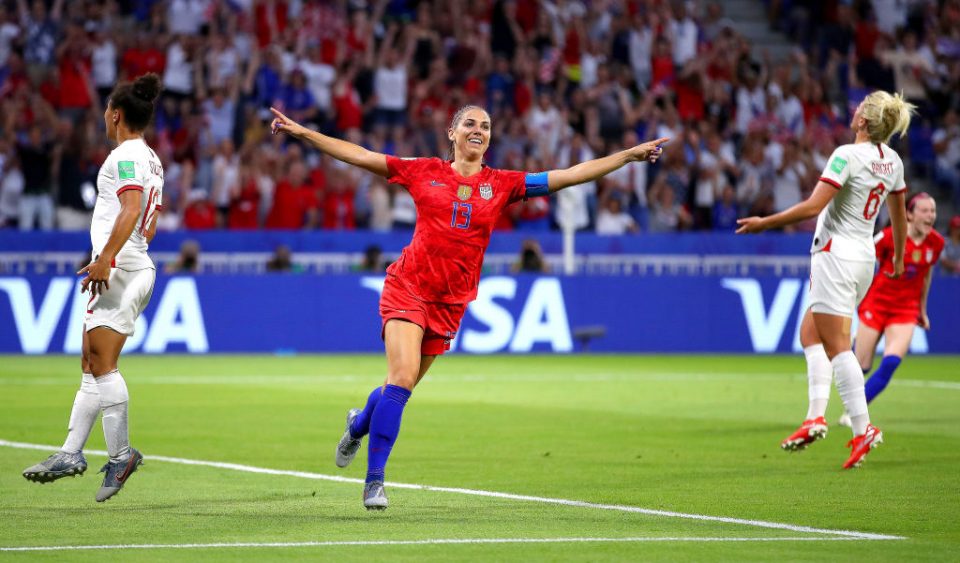 LYON, FRANCE - JULY 02: Alex Morgan of the USA celebrates after scoring her team's second goal during the 2019 FIFA Women's World Cup France Semi Final match between England and USA at Stade de Lyon on July 02, 2019 in Lyon, France. (Photo by Richard Heathcote/Getty Images)