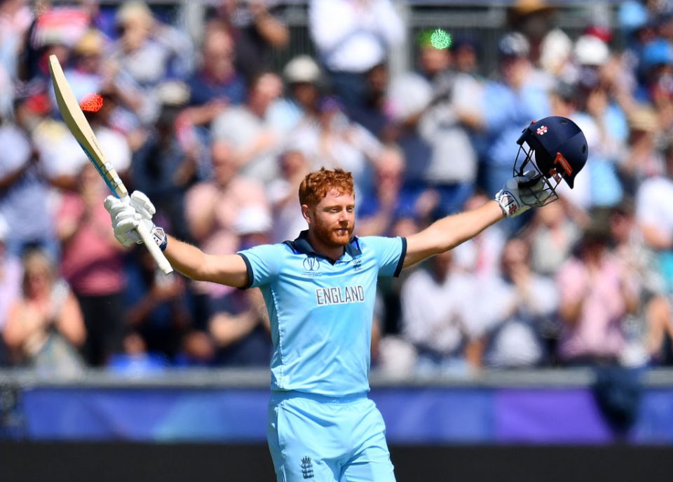 CHESTER-LE-STREET, ENGLAND - JULY 03: Jonny Bairstow of England celebrates his century during the Group Stage match of the ICC Cricket World Cup 2019 between England and New Zealand at Emirates Riverside on July 03, 2019 in Chester-le-Street, England. (Photo by Clive Mason/Getty Images)