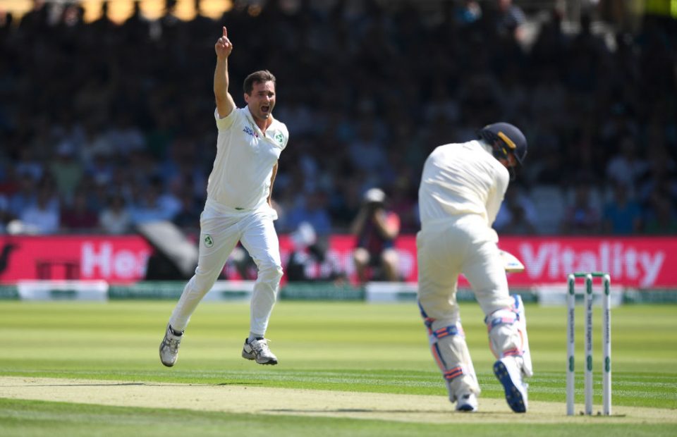 LONDON, ENGLAND - JULY 24: Tim Murtagh of Ireland celebrates dismissing Jason Roy of England during day one of the Specsavers Test Match between England and Ireland at Lord's Cricket Ground on July 24, 2019 in London, England. (Photo by Gareth Copley/Getty Images)