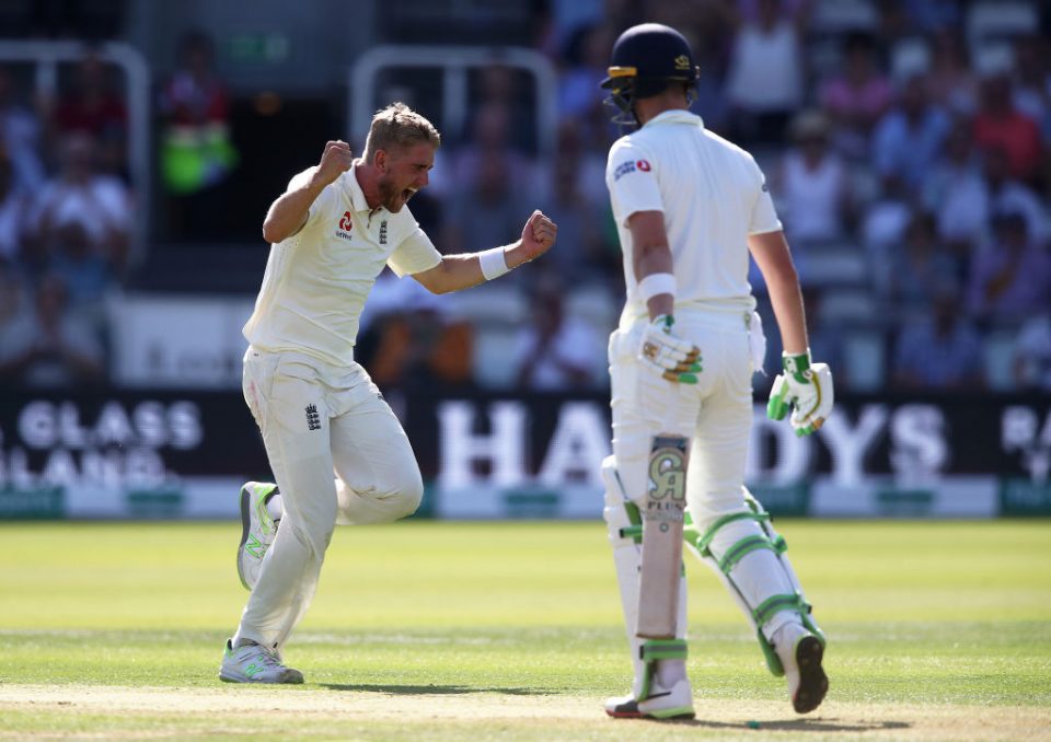 LONDON, ENGLAND - JULY 24:  Olly Stone of England takes the wicket of Andy Balbirnie of Ireland during day one of the Specsavers Test Match between England and Ireland at Lord's Cricket Ground on July 24, 2019 in London, England. (Photo by Julian Finney/Getty Images)
