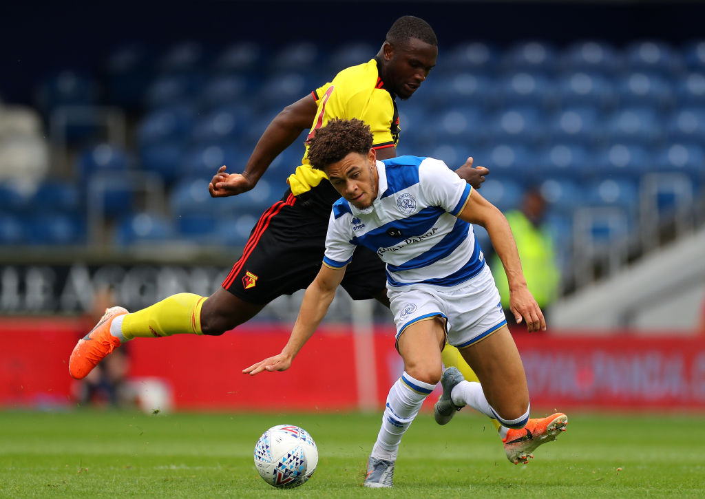 LONDON, ENGLAND - JULY 27: Isaac Success of Watford holds off Luke Amos of QPR during the Pre-Season Friendly match between QPR and Watford at The Kiyan Prince Foundation Stadium on July 27, 2019 in London, England. (Photo by Richard Heathcote/Getty Images)