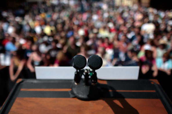 MITCHELL, SD - JUNE 01:  A crowd looms in front of the microphones where Democratic presidential hopeful Sen. Barack Obama (D-IL) addressed a rally on the street in front of the Corn Palace June 1, 2008 in Mitchell, South Dakota. Obama and his rival for the nomination, Sen. Hillary Clinton (D-NY), are moving into the final days of the primary season before Democratic contests in South Dakota and Montana on Tuesday.  (Photo by Chip Somodevilla/Getty Images)