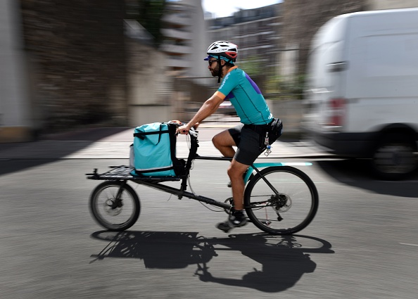 A biker working for the Food delivery service Deliveroo 