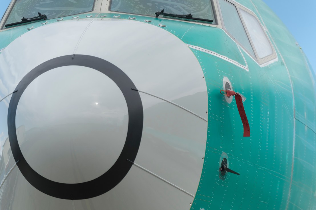 RENTON, WA - MARCH 22: One of two sensors that measures the angle of attack is pictured at bottom on a Boeing 737 MAX 8 airplane outside the company's factory on March 22, 2019 in Renton, Washington. The sensor and the associated software are at the center of a safety investigation after two 737 MAX airliners crashed within five months of one another. (Photo by Stephen Brashear/Getty Images)