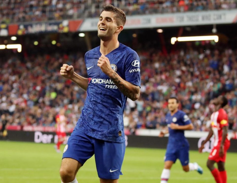 Chelsea's US forward Christian Pulisic celebrate scoring during the pre-season froendly football match between Red Bull Salzburg and Chelsea in Salzburg on July 31, 2019. (Photo by KRUGFOTO / APA / AFP) / Austria OUT        (Photo credit should read KRUGFOTO/AFP/Getty Images)