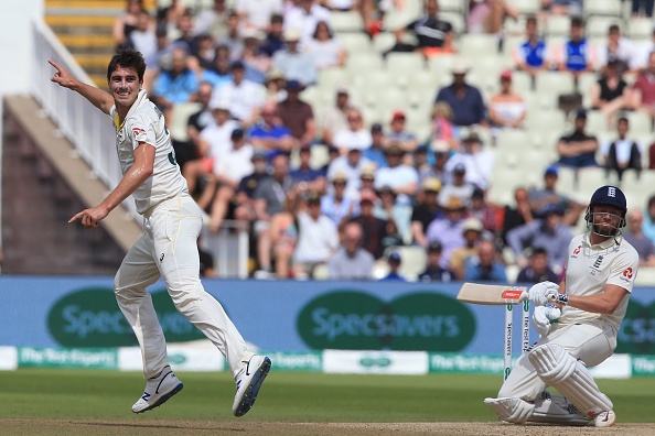 Australia's Pat Cummins (L) appeals having forced England's Jonny Bairstow (R) into gloving a catch to Australia's Cameron Bancroft (not pictured) during play on the fifth day of the first Ashes cricket Test match between England and Australia at Edgbaston in Birmingham, central England on August 5, 2019. (Photo by Lindsey Parnaby / AFP) / RESTRICTED TO EDITORIAL USE. NO ASSOCIATION WITH DIRECT COMPETITOR OF SPONSOR, PARTNER, OR SUPPLIER OF THE ECB (Photo credit should read LINDSEY PARNABY/AFP/Getty Images)