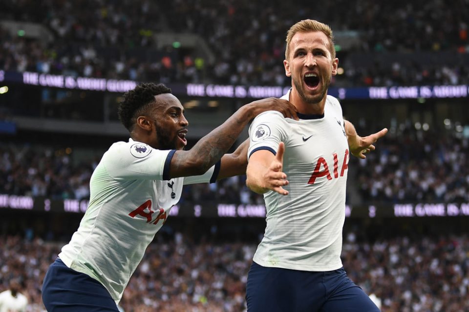 Tottenham Hotspur's English striker Harry Kane celebrates  scoring the team's second goal during the English Premier League football match between Tottenham Hotspur and Aston Villa at Tottenham Hotspur Stadium in London, on August 10, 2019. (Photo by Daniel LEAL-OLIVAS / AFP) / RESTRICTED TO EDITORIAL USE. No use with unauthorized audio, video, data, fixture lists, club/league logos or 'live' services. Online in-match use limited to 120 images. An additional 40 images may be used in extra time. No video emulation. Social media in-match use limited to 120 images. An additional 40 images may be used in extra time. No use in betting publications, games or single club/league/player publications. /         (Photo credit should read DANIEL LEAL-OLIVAS/AFP/Getty Images)