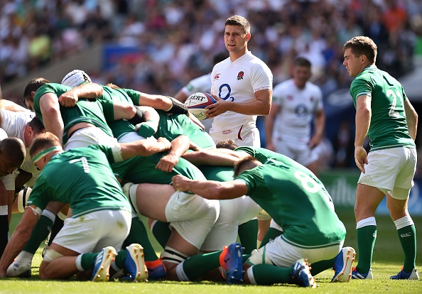 England's scrum-half Ben Youngs (C) prepares to put the ball in the scrum during the international Test rugby union match between England and Ireland at Twickenham Stadium in west London on August 24, 2019. (Photo by Glyn KIRK / AFP)        (Photo credit should read GLYN KIRK/AFP/Getty Images)
