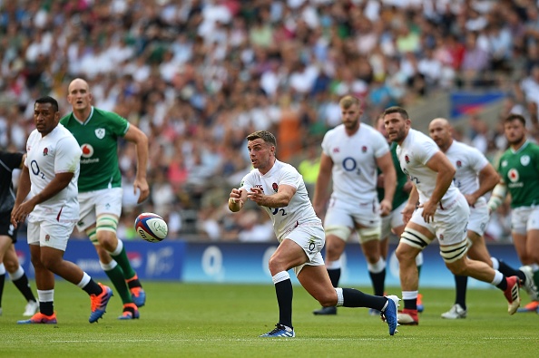 England's fly-half George Ford (C) passes the ball during the international Test rugby union match between England and Ireland at Twickenham Stadium in west London on August 24, 2019. (Photo by Glyn KIRK / AFP)        (Photo credit should read GLYN KIRK/AFP/Getty Images)