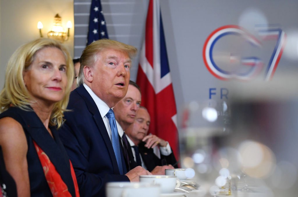 BIARRITZ, FRANCE - AUGUST 25: U.S. President Donald Trump attends a bilateral meeting with Britain's Prime Minister Boris Johnson during the G7 summit on August 25, 2019 in Biarritz, France. The French southwestern seaside resort of Biarritz is hosting the 45th G7 summit from August 24 to 26. High on the agenda will be the climate emergency, the US-China trade war, Britain's departure from the EU, and emergency talks on the Amazon wildfire crisis. (Photo by Dylan Martinez - Pool/Getty Images)
