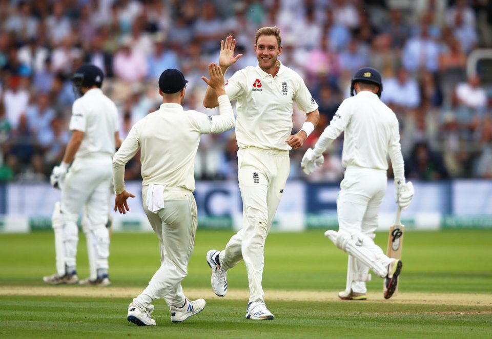 LONDON, ENGLAND - JULY 26:  Stuart Broad of England celebrates taking the wicket of Andy McBrine of Ireland during day three of the Specsavers Test Match between England and Ireland at Lord's Cricket Ground on July 26, 2019 in London, England. (Photo by Julian Finney/Getty Images)