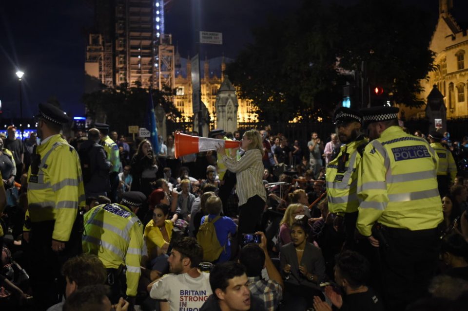 Protesters gather outside parliament late into the night after Prime Minister Boris Johnson succeeded in a bid to suspend the Commons