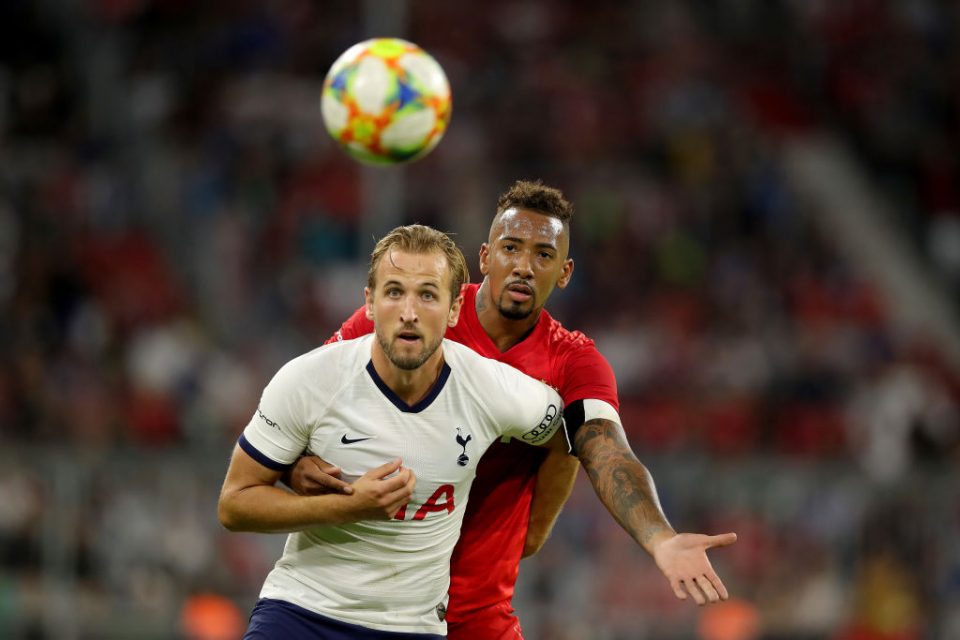 MUNICH, GERMANY - JULY 31: Jerome Boateng of Muenchen battles for the ball with Harry Kane of Tottenham during the Audi Cup 2019 final match between Tottenham Hotspur and Bayern Muenchen at Allianz Arena on July 31, 2019 in Munich, Germany. (Photo by Alexander Hassenstein/Getty Images for AUDI)