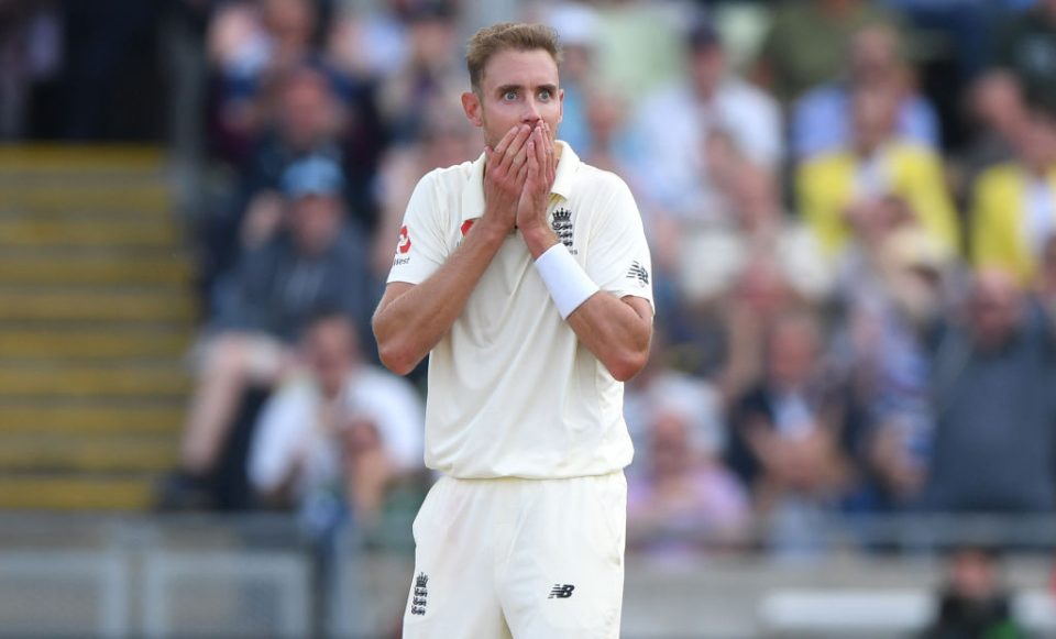 BIRMINGHAM, ENGLAND - AUGUST 01: England bowler Stuart Broad reacts after taking the wicket of Tim Paine during day one of the First Specsavers Ashes Test Match between England and Australia at Edgbaston on August 01, 2019 in Birmingham, England. (Photo by Stu Forster/Getty Images)
