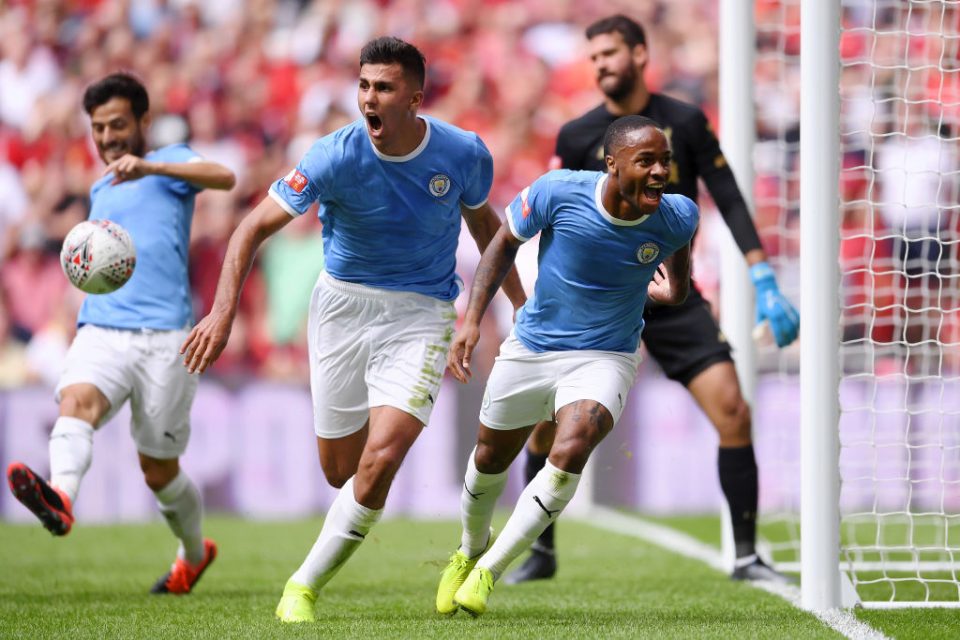 LONDON, ENGLAND - AUGUST 04: Raheem Sterling of Manchester City celebrates after scoring his team's first goal during the FA Community Shield match between Liverpool and Manchester City at Wembley Stadium on August 04, 2019 in London, England. (Photo by Laurence Griffiths/Getty Images)