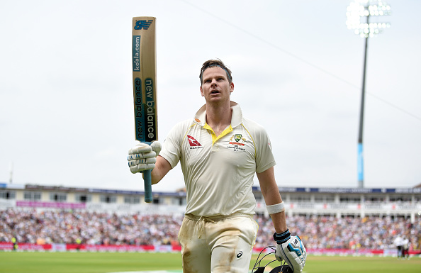 BIRMINGHAM, ENGLAND - AUGUST 04: Steven Smith of Australia salutes the crowd as he leaves the field after being dismissed by Chris Woakes of England during day four of the 1st Specsavers Ashes Test between England and Australia at Edgbaston on August 04, 2019 in Birmingham, England. (Photo by Gareth Copley/Getty Images)