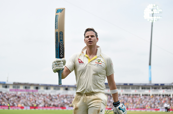 BIRMINGHAM, ENGLAND - AUGUST 04: Steven Smith of Australia salutes the crowd as he leaves the field after being dismissed by Chris Woakes of England during day four of the 1st Specsavers Ashes Test between England and Australia at Edgbaston on August 04, 2019 in Birmingham, England. (Photo by Gareth Copley/Getty Images)