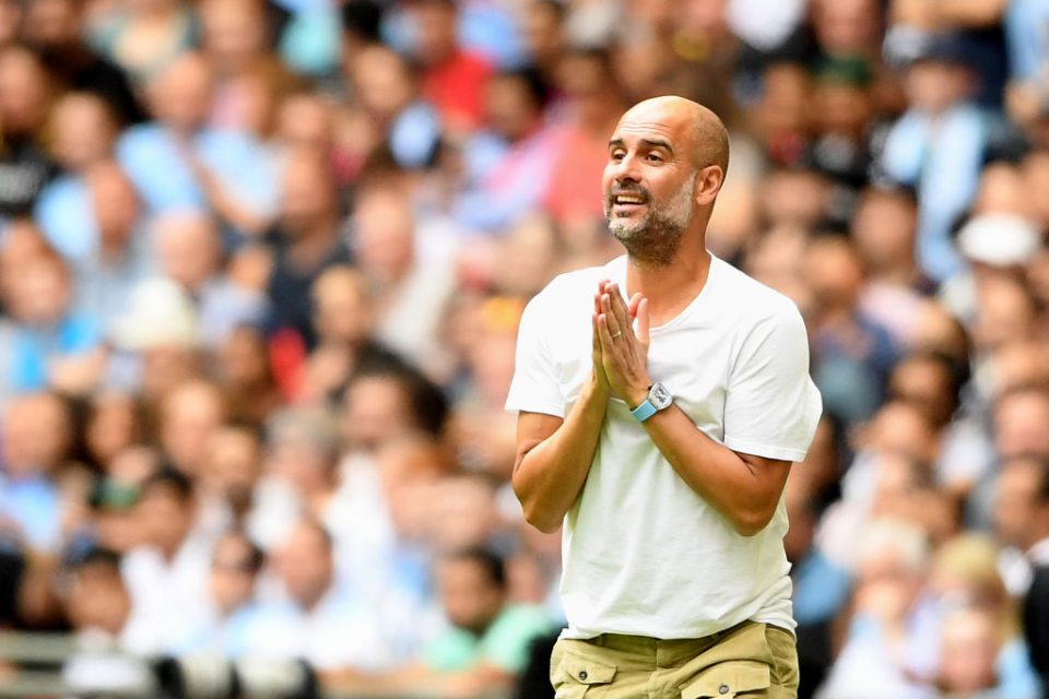 LONDON, ENGLAND - AUGUST 04: Pep Guardiola, Manager of Manchester City reacts during the FA Community Shield match between Liverpool and Manchester City at Wembley Stadium on August 04, 2019 in London, England. (Photo by Michael Regan/Getty Images)