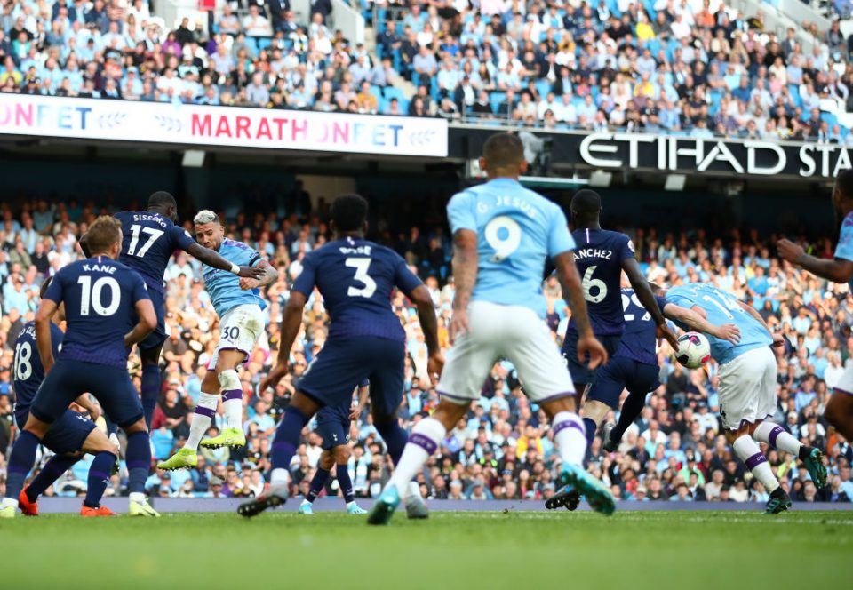 MANCHESTER, ENGLAND - AUGUST 17: Nicolas Otamendi (30) of Manchester City heads a ball on to the arm of team mate Aymeric Laporte (14) leading to Gabriel Jesus of Manchester City scoring his sides third goal which is later disallowed by VAR due to ball to arm during the Premier League match between Manchester City and Tottenham Hotspur at Etihad Stadium on August 17, 2019 in Manchester, United Kingdom. (Photo by Clive Brunskill/Getty Images)