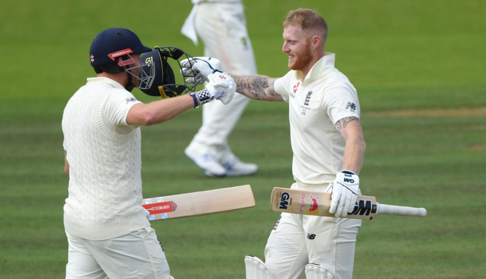 LONDON, ENGLAND - AUGUST 18: England batsman Ben Stokes celebrates with Jonny Bairstow after reaching his century during day five of the 2nd Ashes Test match between England and Australia at Lord's Cricket Ground on August 18, 2019 in London, England. (Photo by Stu Forster/Getty Images)