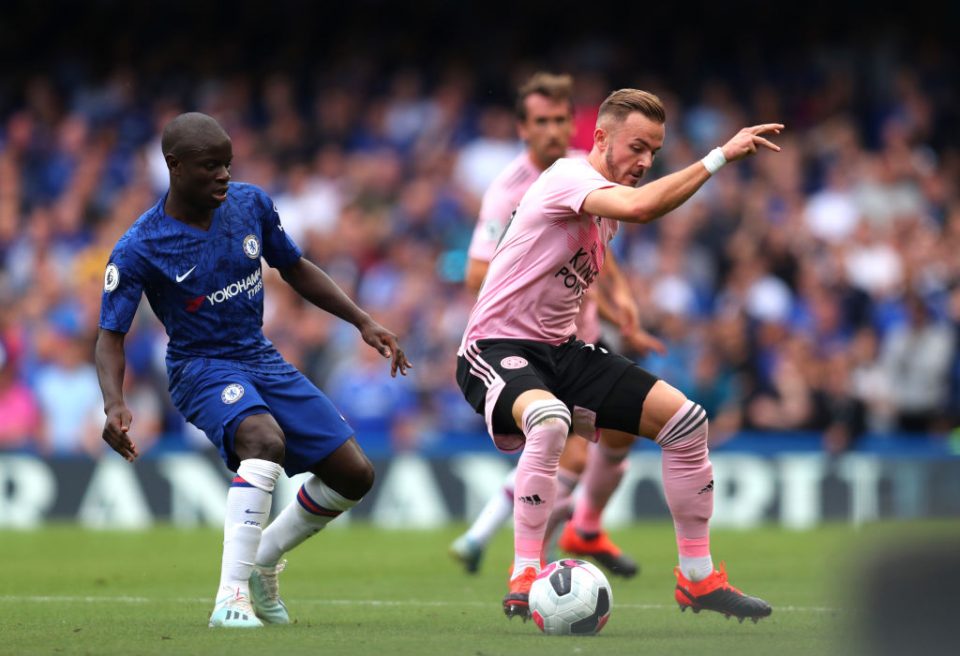 LONDON, ENGLAND - AUGUST 18: James Maddison of Leicester City is closed down by Ngolo Kante of Chelsea during the Premier League match between Chelsea FC and Leicester City at Stamford Bridge on August 18, 2019 in London, United Kingdom. (Photo by Catherine Ivill/Getty Images)