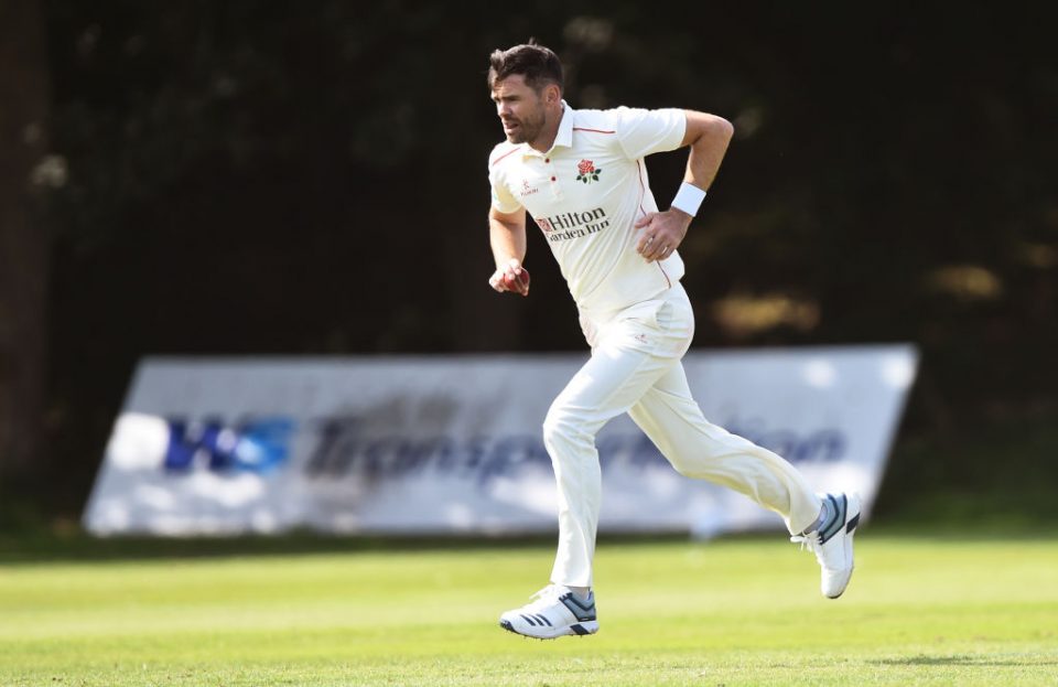 LIVERPOOL, ENGLAND - AUGUST 20: James Anderson of Lancashire Seconds XI runs into bowl during the match between Lancashire Seconds XI and Leicestershire Second XI at Northern Cricket Club on August 20, 2019 in Liverpool, England. (Photo by Nathan Stirk/Getty Images)