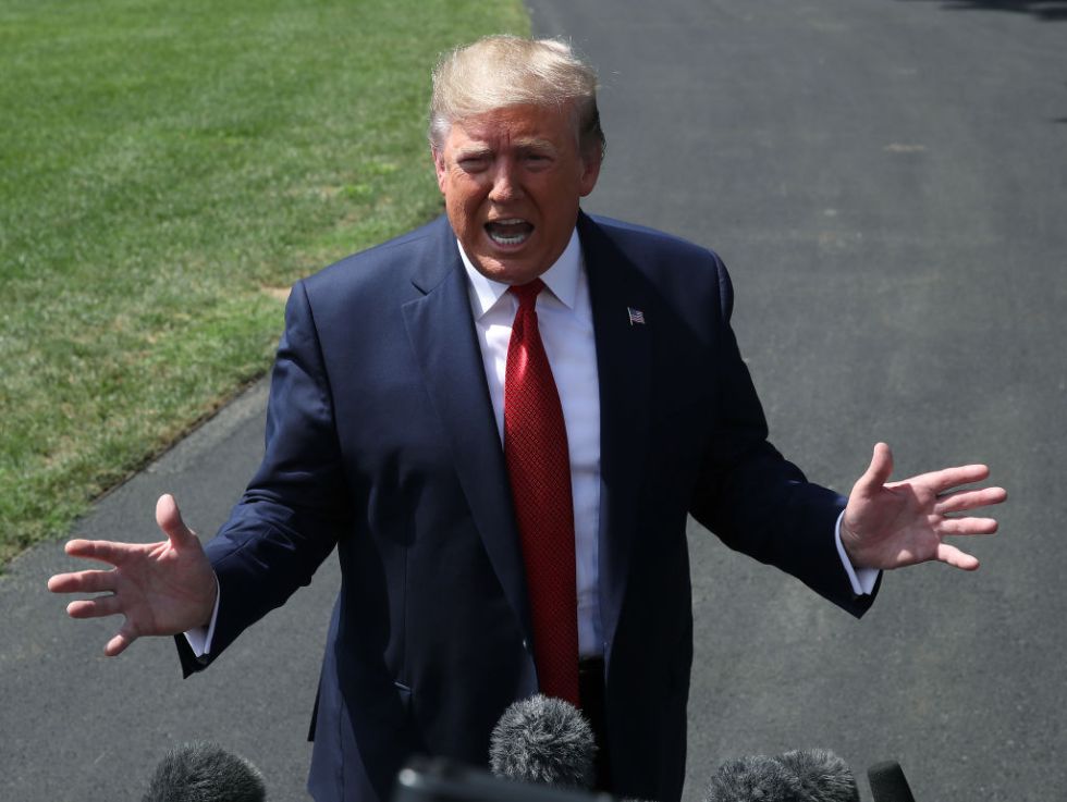 WASHINGTON, DC - AUGUST 21: U.S. President Donald Trump speaks to the media before departing from the White House on August 21, 2019 in Washington, DC. President Trump spoke on several topics including the U.S. economy and why he canceled his trip to Denmark. (Photo by Mark Wilson/Getty Images)