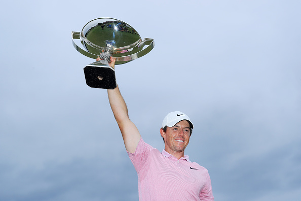ATLANTA, GEORGIA - AUGUST 25: Rory McIlroy of Northern Ireland celebrates with the FedExCup trophy after winning during the final round of the TOUR Championship at East Lake Golf Club on August 25, 2019 in Atlanta, Georgia. (Photo by Sam Greenwood/Getty Images)