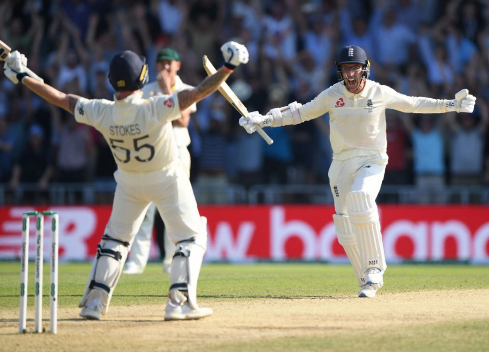 LEEDS, ENGLAND - AUGUST 25: England batsman Ben Stokes and Jack Leach celebrate at the end after hitting the winning runs after day four of the 3rd Ashes Test Match between England and Australia at Headingley on August 25, 2019 in Leeds, England. (Photo by Stu Forster/Getty Images)
