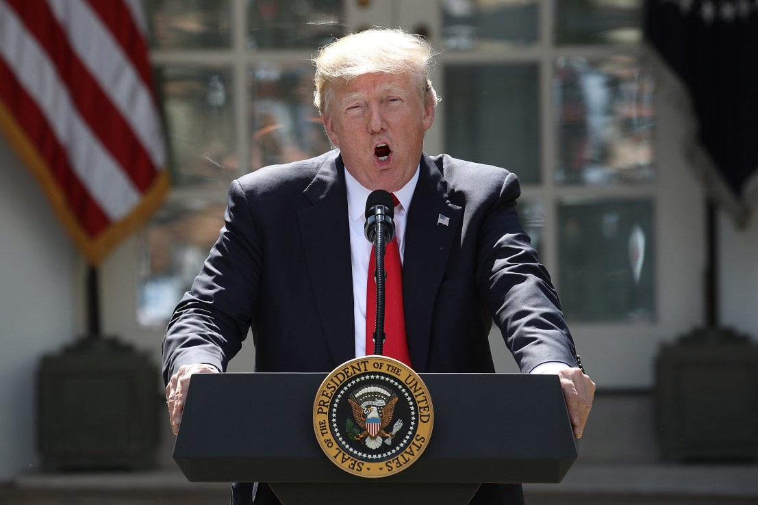 WASHINGTON, DC - JUNE 01:  U.S. President Donald Trump announces his decision for the United States to pull out of the Paris climate agreement in the Rose Garden at the White House June 1, 2017 in Washington, DC. Trump pledged on the campaign trail to withdraw from the accord, which former President Barack Obama and the leaders of 194 other countries signed in 2015. The agreement is intended to encourage the reduction of greenhouse gas emissions in an effort to limit global warming to a manageable level.  (Photo by Win McNamee/Getty Images)