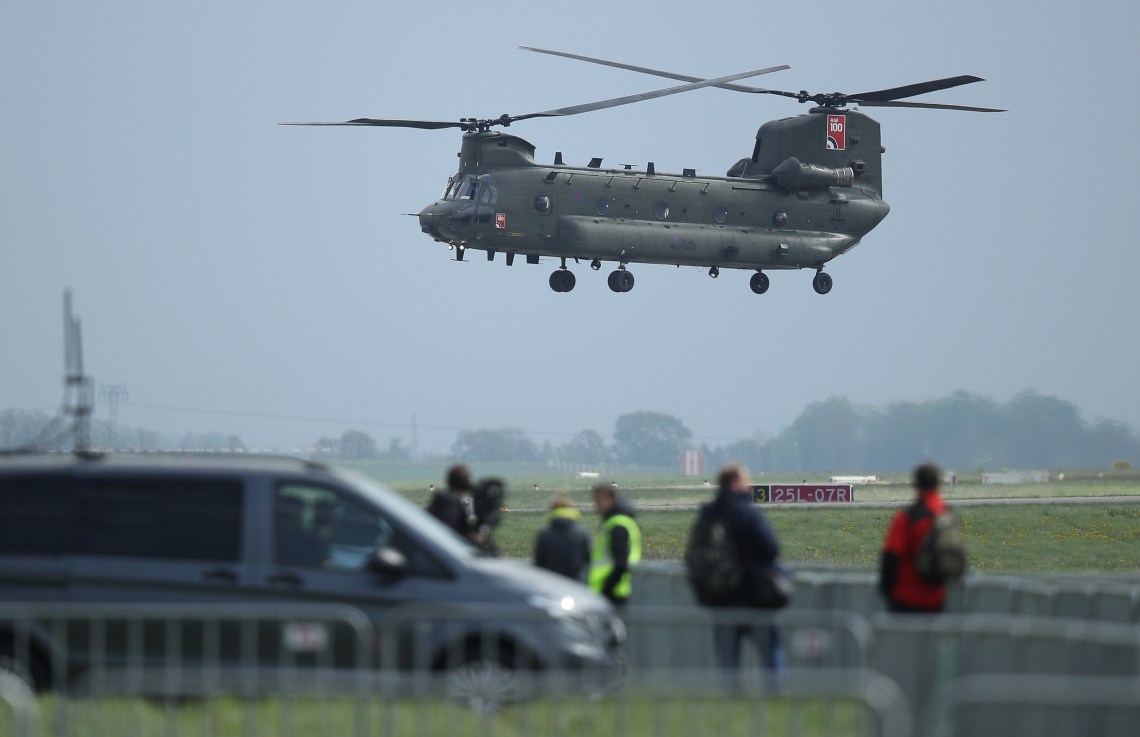 SCHOENEFELD, GERMANY - APRIL 25:  A Boeing CH-47 Chinook flies at the ILA Berlin Air Show on April 25, 2018 in Schoenefeld, Germany. ILA Berlin is Europe's third largest air show and will be open to the general public from April 27-29.  (Photo by Sean Gallup/Getty Images)