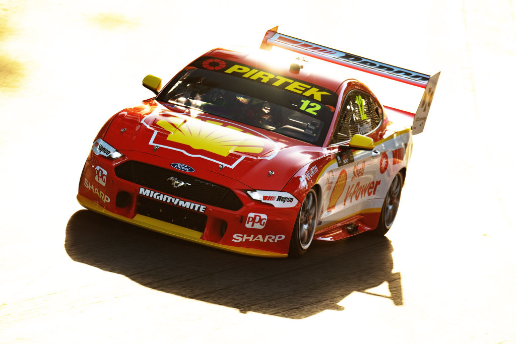 ADELAIDE, AUSTRALIA - MARCH 01: (EDITORS NOTE: A polarizing filter was used for this image.) Fabian Coulthard drives the #12 Shell V-Power Racing Team Ford Falcon FGX during the Adelaide 500 Supercars Championship Round at Adelaide Parklands Circuit on March 1, 2019 in Adelaide, Australia. (Photo by Daniel Kalisz/Getty Images)