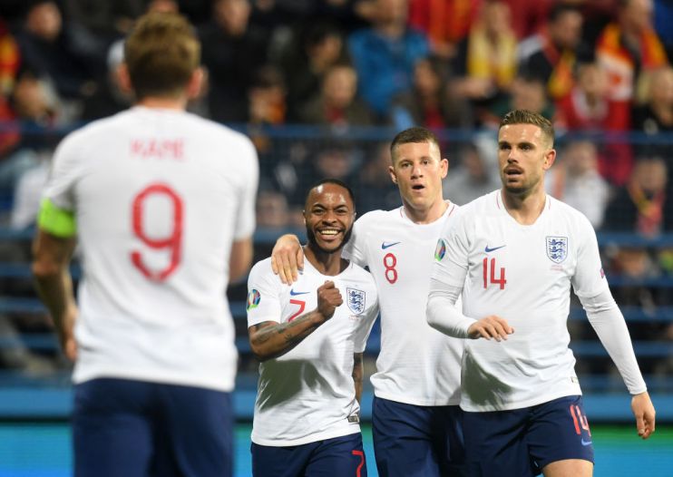 PODGORICA, MONTENEGRO - MARCH 25: Raheem Sterling, Ross Barkley and Jordan Henderson of England congratulate Harry Kane (9)
