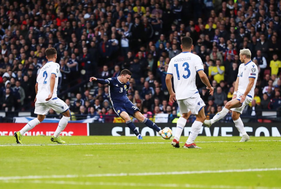 GLASGOW, SCOTLAND - JUNE 08: Andy Robertson of Scotland scores the opening goal during the European Qualifier for UEFA Euro 2020 at Hampden Park on June 08, 2019 in Glasgow, Scotland. (Photo by Ian MacNicol/Getty Images)