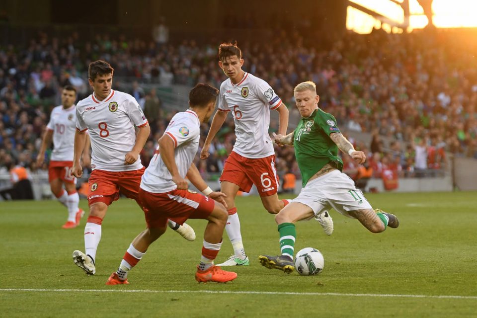 DUBLIN, IRELAND - JUNE 10: James McClean of Ireland shoots during the UEFA Euro 2020 Qualifying Group D match between Ireland and Gibraltar at Aviva Stadium on June 10, 2019 in Dublin, Ireland. (Photo by Mike Hewitt/Getty Images)